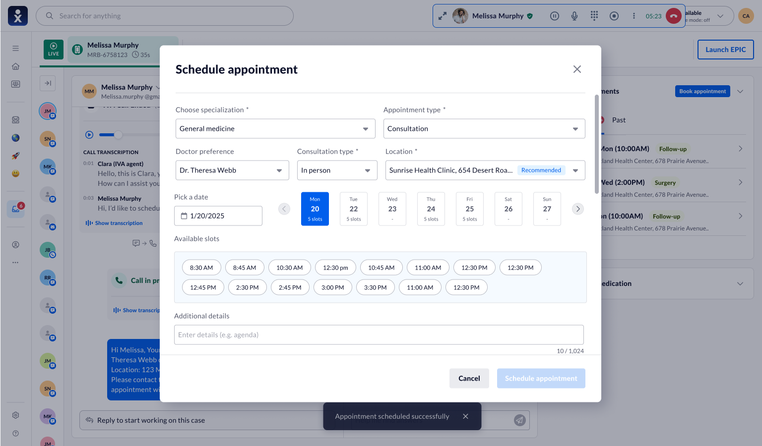 Schedule appointment modal showing a new set of results after re-querying availability